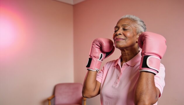 Holding pink boxing gloves, Black woman wearing pink polo shirt standing in pink room, copy space