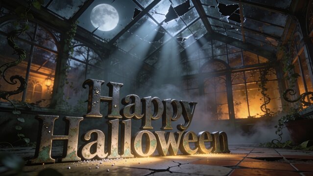 Glowing weathered Happy Halloween sign catching moonbeams in conservatory at night, cracked floor