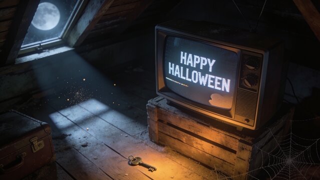Glowing CRT television sitting on wooden crate in attic showing HAPPY HALLOWEEN text