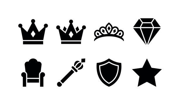 Royal Crown Symbols, solid glyph icon set featuring king crown, queen crown, tiara, jewel, throne, scepter, shield, star, covering royalty, luxury, premium service, award, leadership, monarchy, game