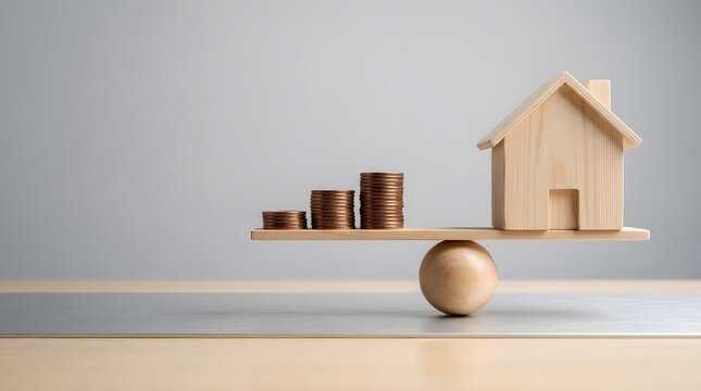 Concept of financial balance and real estate investment featuring a small wooden house model and rising stacks of coins balanced on a wooden seesaw, symbolizing mortgage planning and property costs.