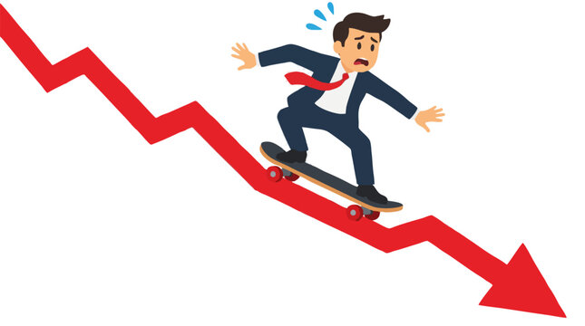 Worried businessman in suit riding skateboard down sharply declining red arrow line graph symbolizing stock market crash, financial loss, recession and business failure concept vector illustration