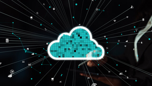 This image illustrates the concept of cloud computing with a stylized cloud icon surrounded by various digital symbols, representing connectivity and modern technology. Xenic
