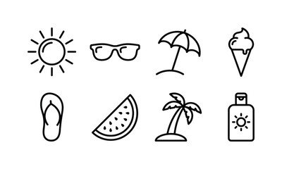 Fototapeta premium Summer Season Symbols, line icon set featuring sun, sunglasses, beach umbrella, ice cream, flip-flop, watermelon slice, palm tree, sunscreen bottle, covering summer, vacation, beach, warm weather,