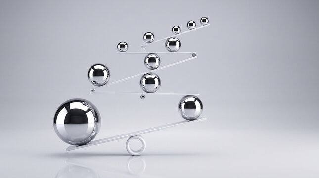 Financial Asset Allocation and Portfolio Equilibrium Visualized by Chrome Spheres on Balance Levers