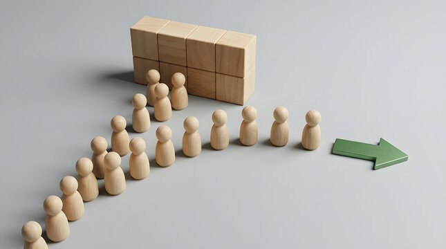 Wooden figurines queuing and following a green arrow to bypass a wooden block wall obstacle, representing business strategy, leadership, redirection, and finding solutions to complex problems.