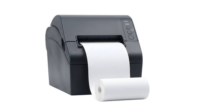 Sleek modern receipt printer with rolled blank paper strip, concept for financial statement generation, audit documentation and business accounting processes
