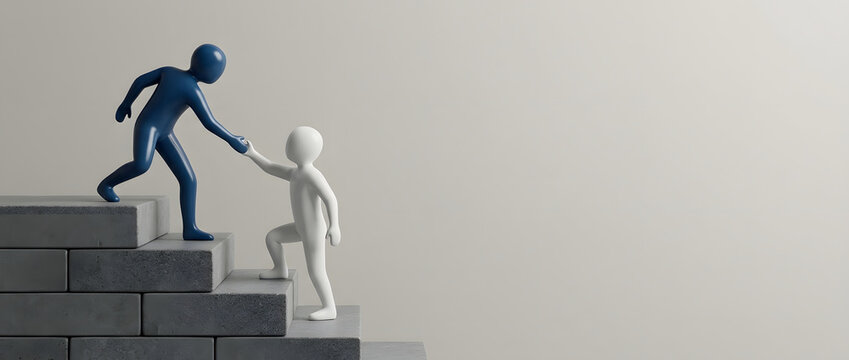 Concept of mentorship and support with blue and white 3d humanoid figures helping each other climb a stone staircase representing teamwork, leadership, career growth, and business success.