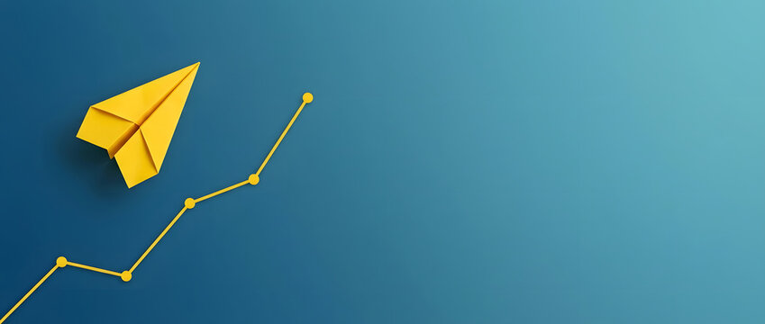 Minimalist business concept featuring a yellow paper plane flying above an ascending line graph on a blue background, symbolizing financial growth, startup success, and strategic future vision.
