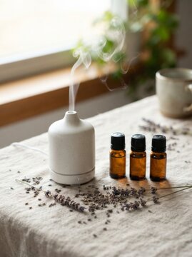 Aromatic lavender essential oil diffuser for wellness and home spa relaxation with oil bottles