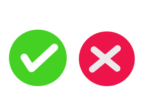 Check mark icon. Check box icon with right and wrong buttons and yes or no checkmark icons in green tick box and red cross. ross check mark icons, flat round buttons set.