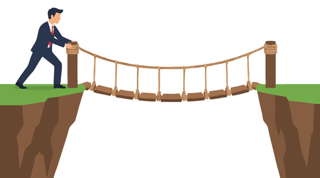 Businessman pushing rope suspension bridge across deep cliff gap connecting two platforms symbolizing leadership risk teamwork courage challenge opportunity business connection success