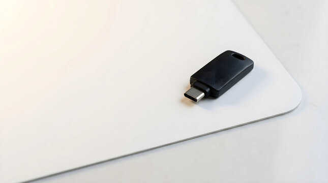 Sleek modern USB flash drive on laptop keyboard, concept for secure financial data transfer, audit documentation and statement verification