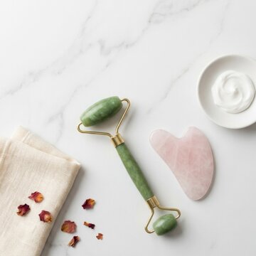 Facial beauty wellness kit with green jade roller gua sha stone and cream for skincare routine