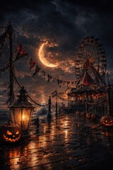 Fototapeta premium Haunted seaside carnival pier beneath a glowing crescent moon