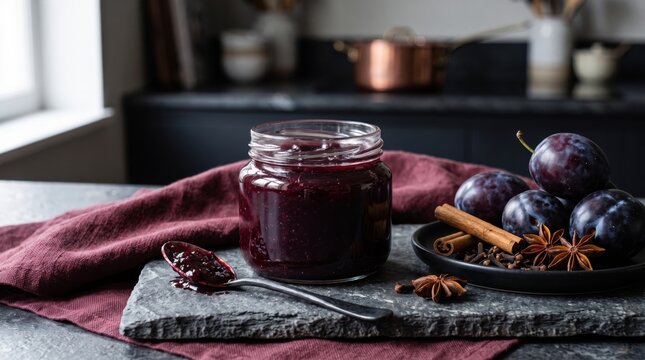 Homemade plum jam in a jar with fresh plums and spices. Delicious fruit preserve for breakfast, baking, gifting, and seasonal culinary creations.