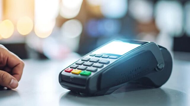 Close-up of a person using a point-of-sale card terminal to make a contactless payment at a store checkout counter