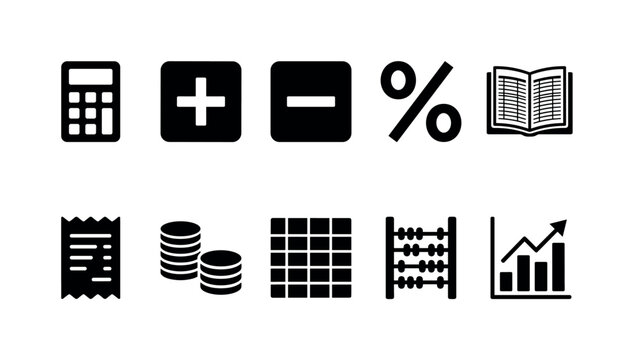 Calculator Accounting Tools, solid glyph icon set featuring calculator, plus key, minus key, percentage symbol, accounting ledger, receipt, coins, spreadsheet, abacus, financial chart, covering