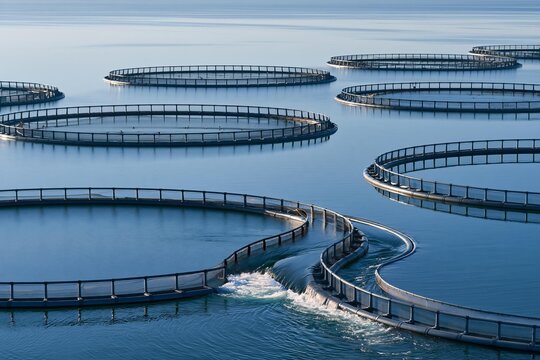 Circular aquaculture pens float on calm blue sea. Marine farming structures contain fish in open water. Sustainable seafood production and ocean resource management