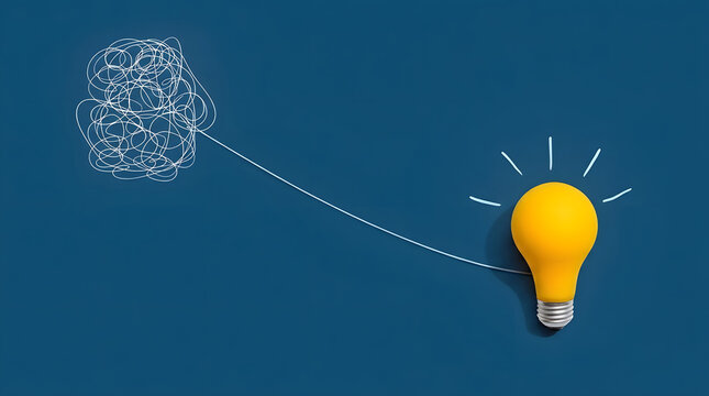 Conceptual image of a bright yellow light bulb connected to a tangled messy scribble representing creative thinking, problem solving, and finding clarity from confusion on a blue background