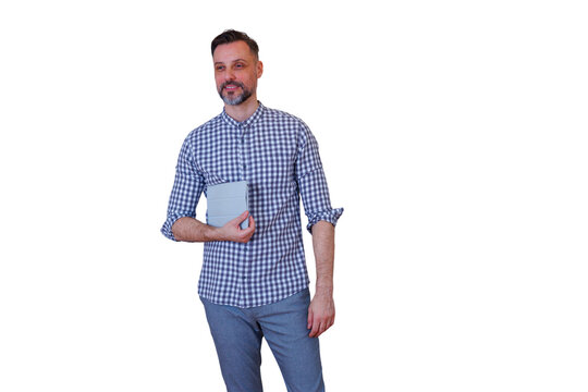 Man holding tablet, smiling, looking away, dressed in casual shirt, digital technology concept