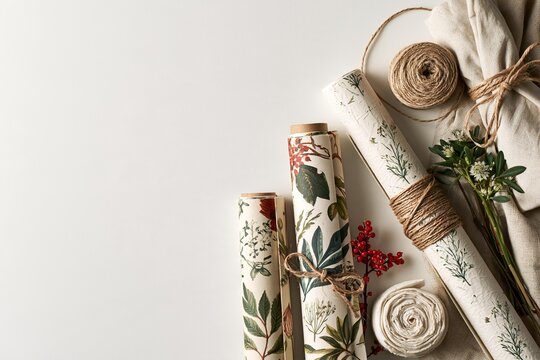 Rolled botanical paper sheets tied with twine sit on neutral fabric. Gifts are wrapped with decorative paper and natural cord