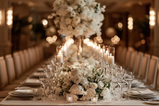 Elegant wedding reception table setting for a formal banquet event. Guests are seated at a long, decorated dining table with floral centerpieces and lit candles