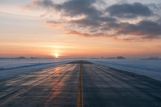 Long airport runway stretches towards distant horizon under soft sunset sky. Snow-covered landscape flanks the paved surface