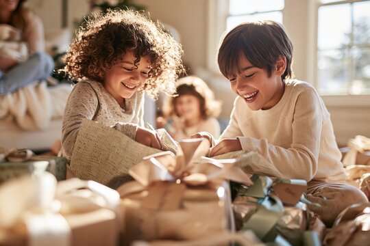 Children opening presents with excitement and joy. Siblings celebrating a holiday together indoors. Family enjoying gift exchange and festive moments