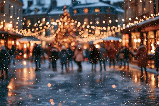 Bokeh lights and falling snow create a festive atmosphere at a busy Christmas market. Shoppers gather amongst stalls adorned with festive string lights
