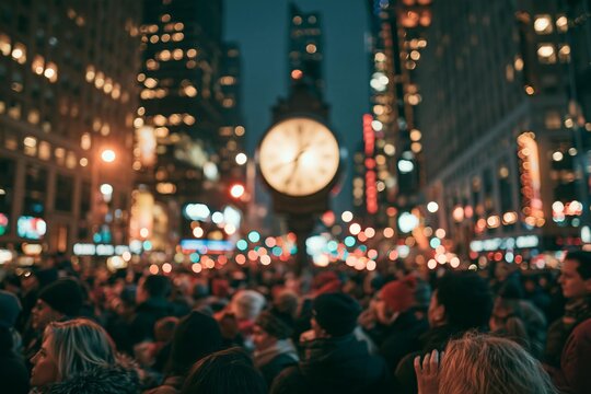 Crowd gathered in city square with a large clock visible. People await a New Year's Eve celebration event. Urban gathering for public festivities