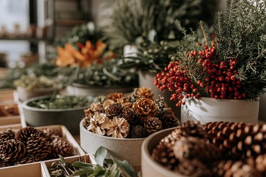 Pine cones and dried botanicals fill ceramic bowls. Evergreen branches and red berries create festive displays. Natural autumn and winter decorations are prepared