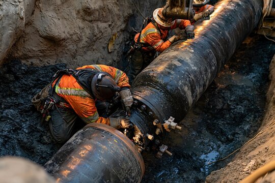 Construction workers connect large diameter pipes in trench. Crew installs heavy industrial pipeline underground for infrastructure project. Utility workers perform heavy duty pipeline maintenance