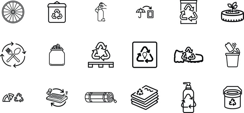 Set of black and white line icons representing recycling, waste management, sustainability, and eco-friendly practices for various