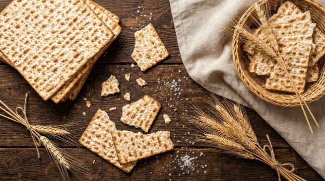 Traditional matzah bread on a rustic wooden table with wheat. Symbolic unleavened bread for Passover, Jewish holidays, and cultural food traditions.