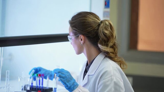 Scientist with a wavy ponytail holds a blue-topped test tube up while placing another into a rack of red and green capped tubes, side view