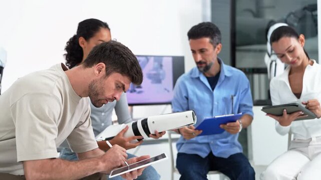 Engineer in a beige shirt writes on a tablet while resting a white robotic arm shell on his knee as teammates with clipboard and tablet watch, robot graphics on monitor behind