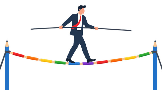 Businessman in suit balancing with pole while walking carefully on tightrope bridge made of colorful connected pencils between two large pencils, creativity innovation risk concept and challenge