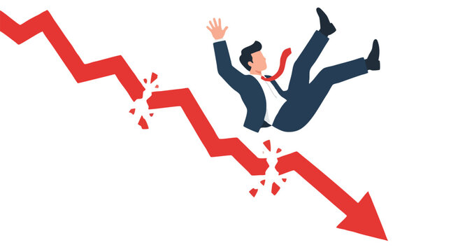 Businessman falling alongside crumbling broken red line graph crashing downward symbolizing financial crisis, market crash, bankruptcy, business failure and economic collapse on white background