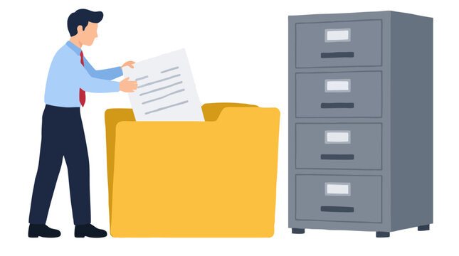 Office worker placing a paper document into an oversized yellow file folder next to a large gray archive cabinet, bold flat vector illustration of document management and office organization