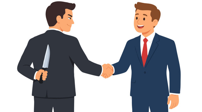 Flat vector illustration of a smiling businessman shaking hands with an unaware colleague while secretly hiding a knife behind his back, betrayal and deception concept -