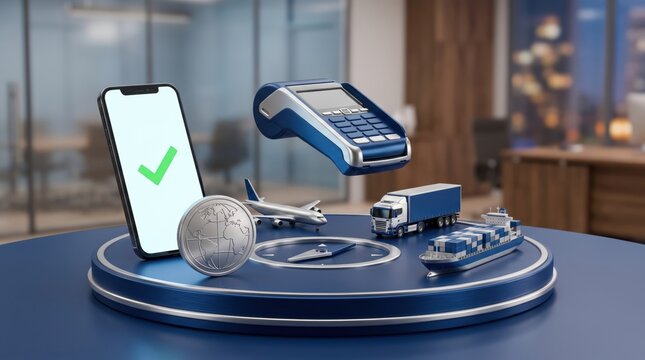 Global logistics and payment processing with smartphone and POS terminal. Modern supply chain management, secure online transactions, and worldwide shipping solutions for e-commerce businesses.