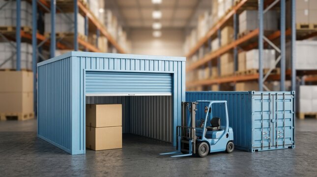 Forklift, storage unit, and shipping container in a warehouse. Representing global logistics, supply chain management, freight transportation, and efficient inventory solutions for businesses.