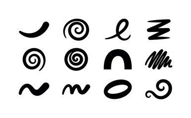 Fototapeta premium Brushstroke Doodle Shapes, solid glyph icon set featuring curved stroke, swirl, loop, zigzag, spiral, arch, scribble, wave, oval brush mark and decorative curl, covering abstract brushstrokes, doodle