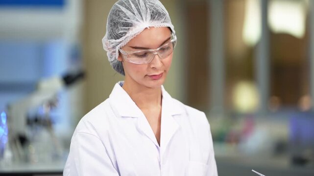 Scientist in a hairnet drips solution into a flask with a pipette, then holds the flask up in her blue gloves to examine it, medium close-up