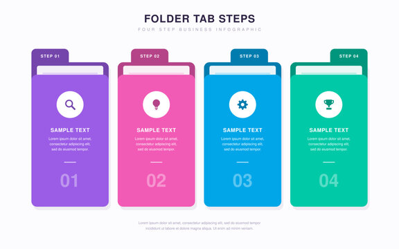 Folder tab steps infographic with four colorful file folders, staggered tabs, icons and text