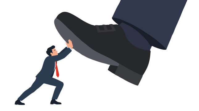 Flat vector illustration: small office worker in navy suit and red tie straining to push back a giant boss shoe crushing him, workplace pressure, bullying, stress and power imbalance