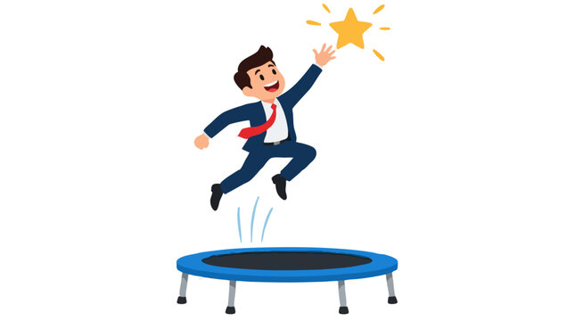 Cheerful businessman in blue suit bouncing high on blue trampoline reaching up to grab glowing yellow star symbolizing success, achievement and ambition in bold flat vector cartoon style