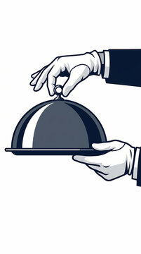 A waiter in white gloves holding a silver food cloche serving a meal.