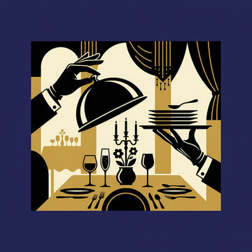 Elegant fine dining illustration featuring a waiter serving a meal in a luxury restaurant setting.